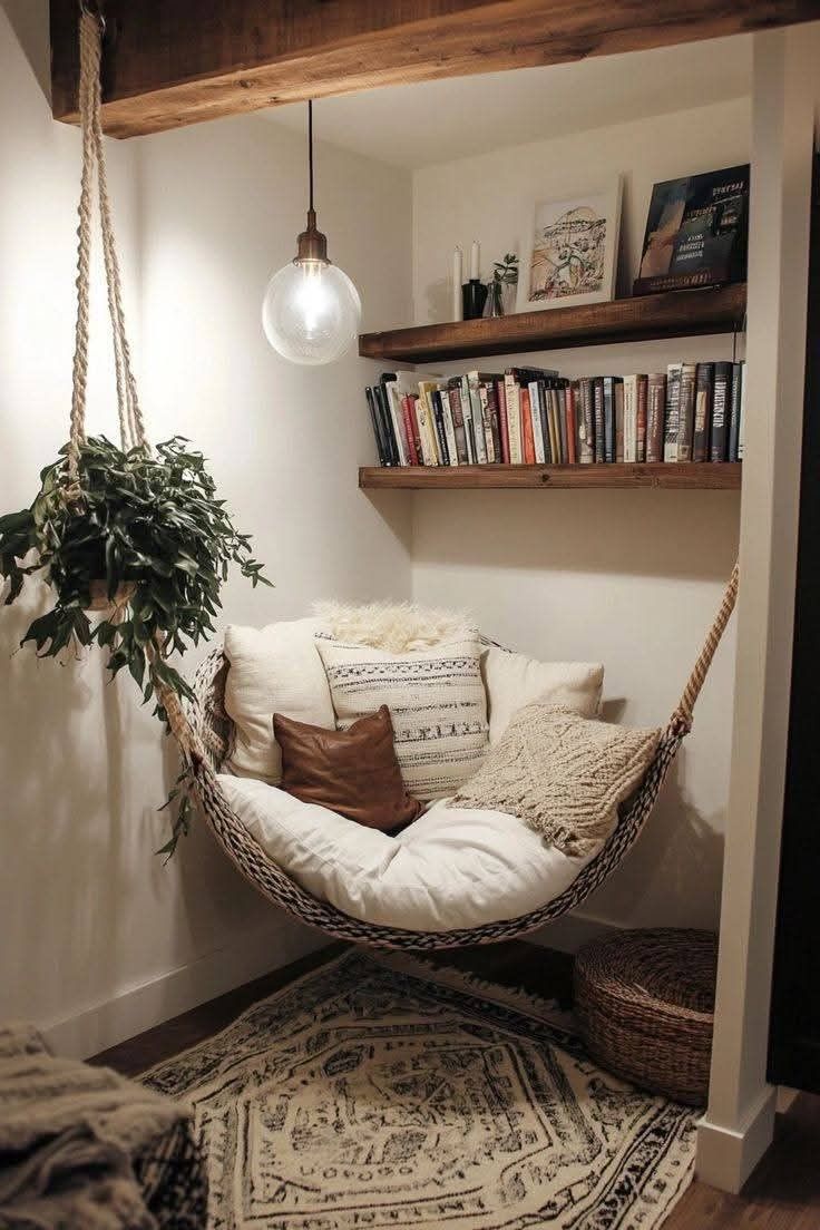 A small bedroom with a daybed, warm lamp and plants